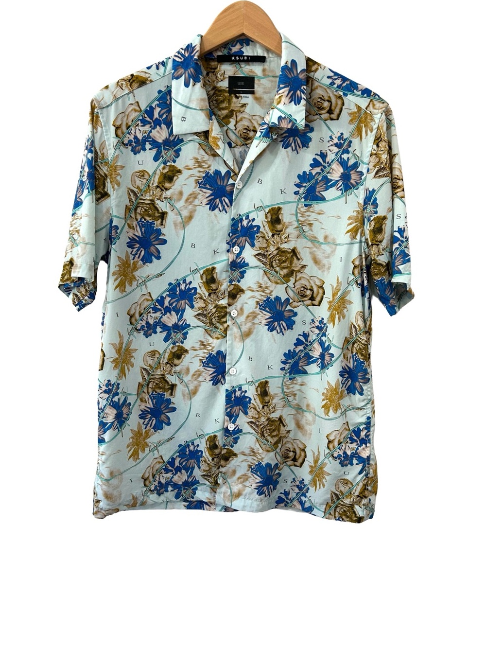 Ksubi men’s Floralist short sleeve resort Shirt S aqua floral barbed wire camp